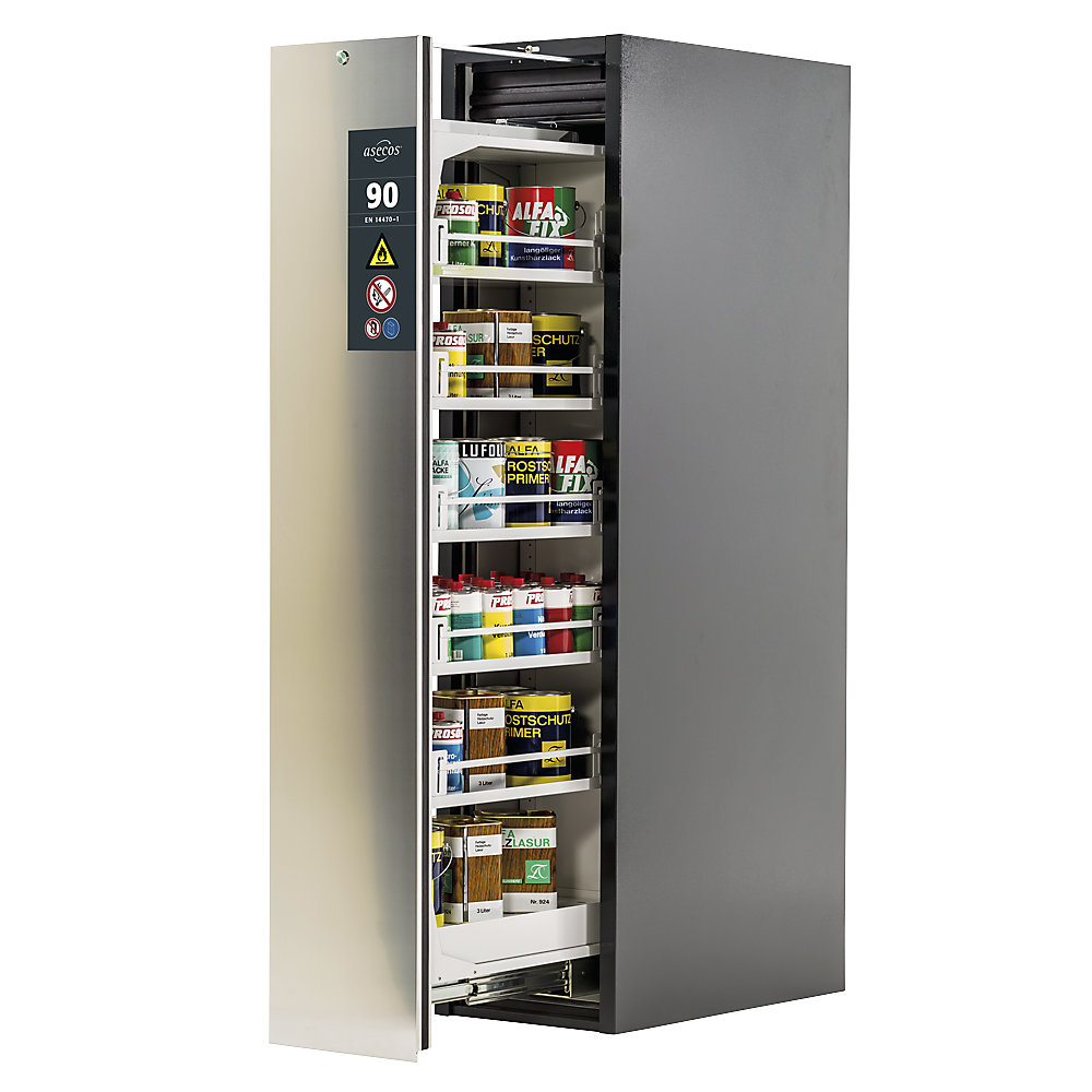 asecos Type 90 fire resistant vertical pull-out cabinet, 1 drawer, 5 shelves, grey/stainless steel