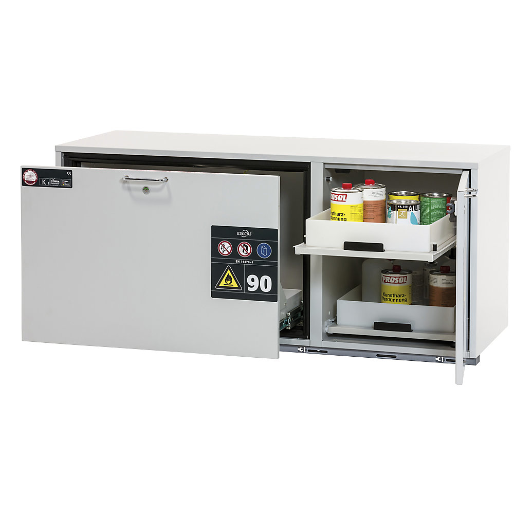 asecos Type 90 fire resistant combination add-on drawer unit, width 1402 mm, 3 drawers, light grey