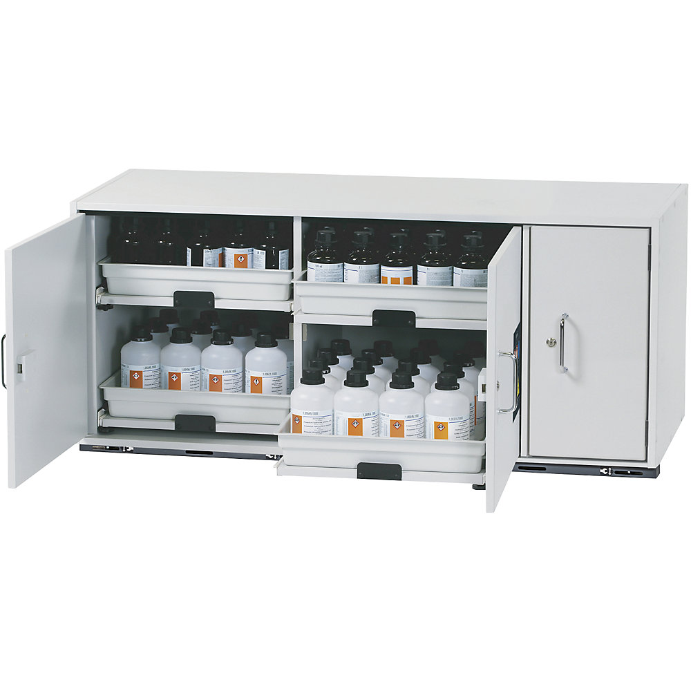 asecos Hazardous goods base cupboard for acids and alkaline solutions, 3-door, HxWxD 600 x 1400 x 570 mm, 4 drawers