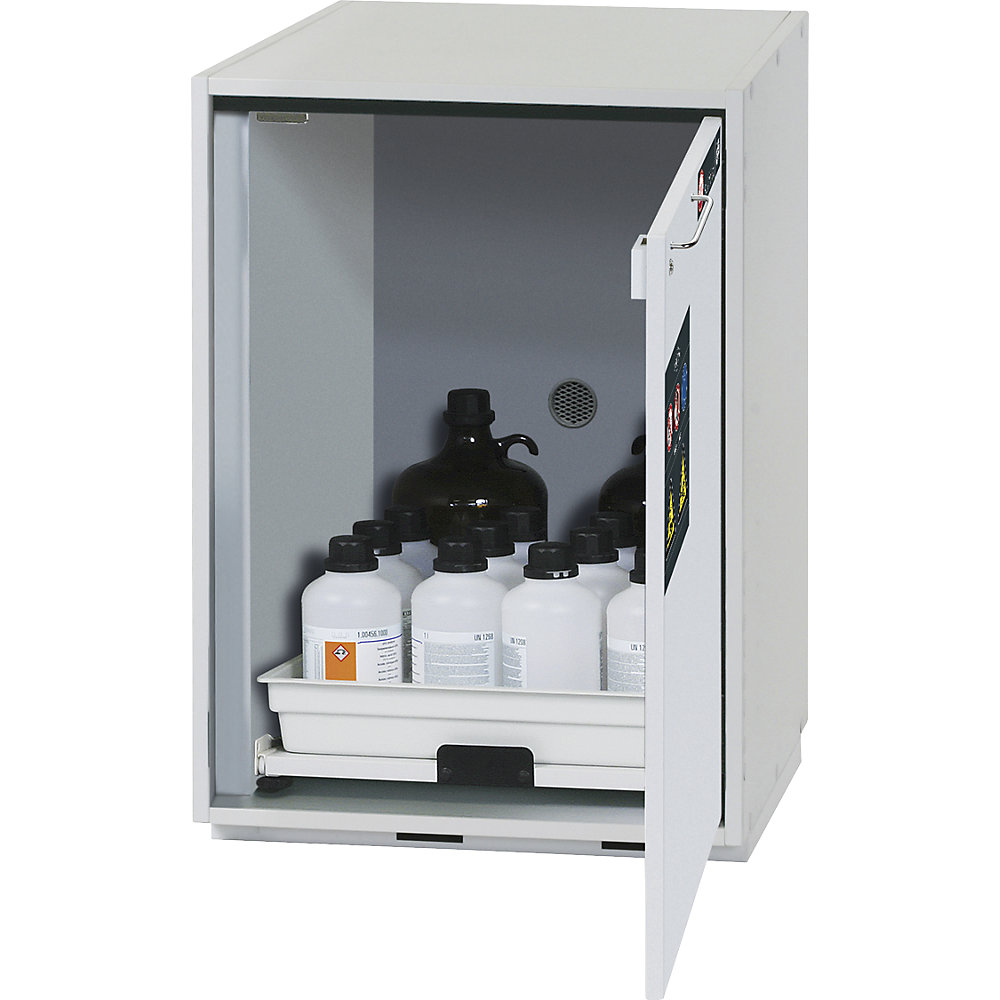 asecos Hazardous goods base cupboard for acids and alkaline solutions, 1-door, HxWxD 800 x 590 x 570 mm, 1 drawer