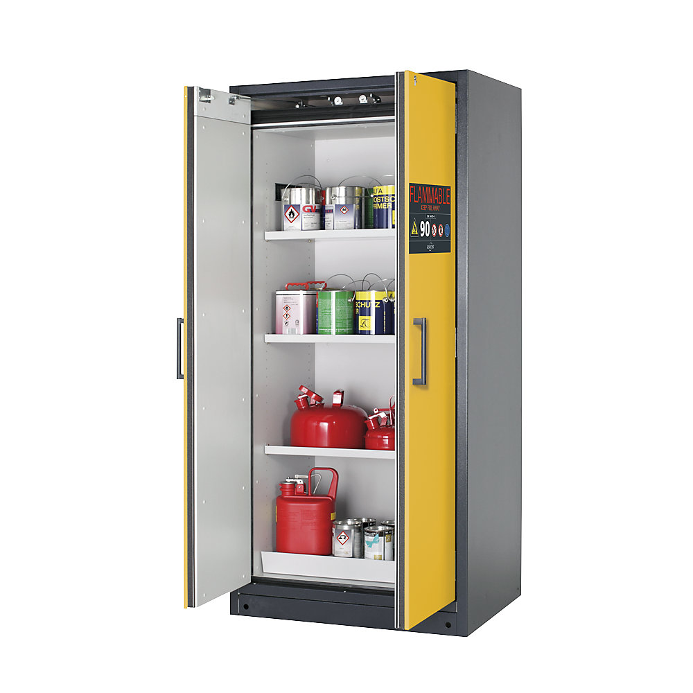 asecos FM/UL/ULC/Type 90 fire resistant hazardous goods storage cupboard, 2 doors, HxWxD 1953 x 893 x 615 mm, grey/yellow