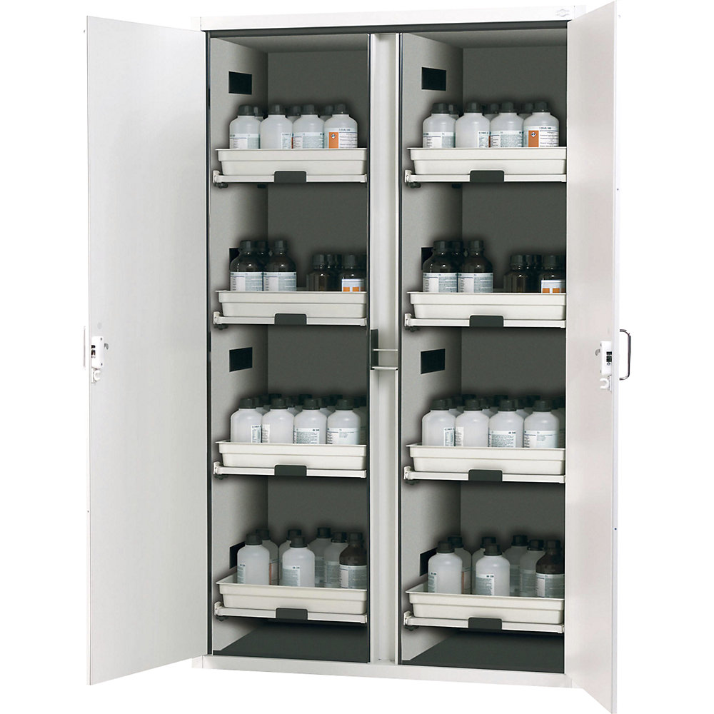 asecos Full height safety cupboard for acids and alkalis, 2-door, with 8 drawers