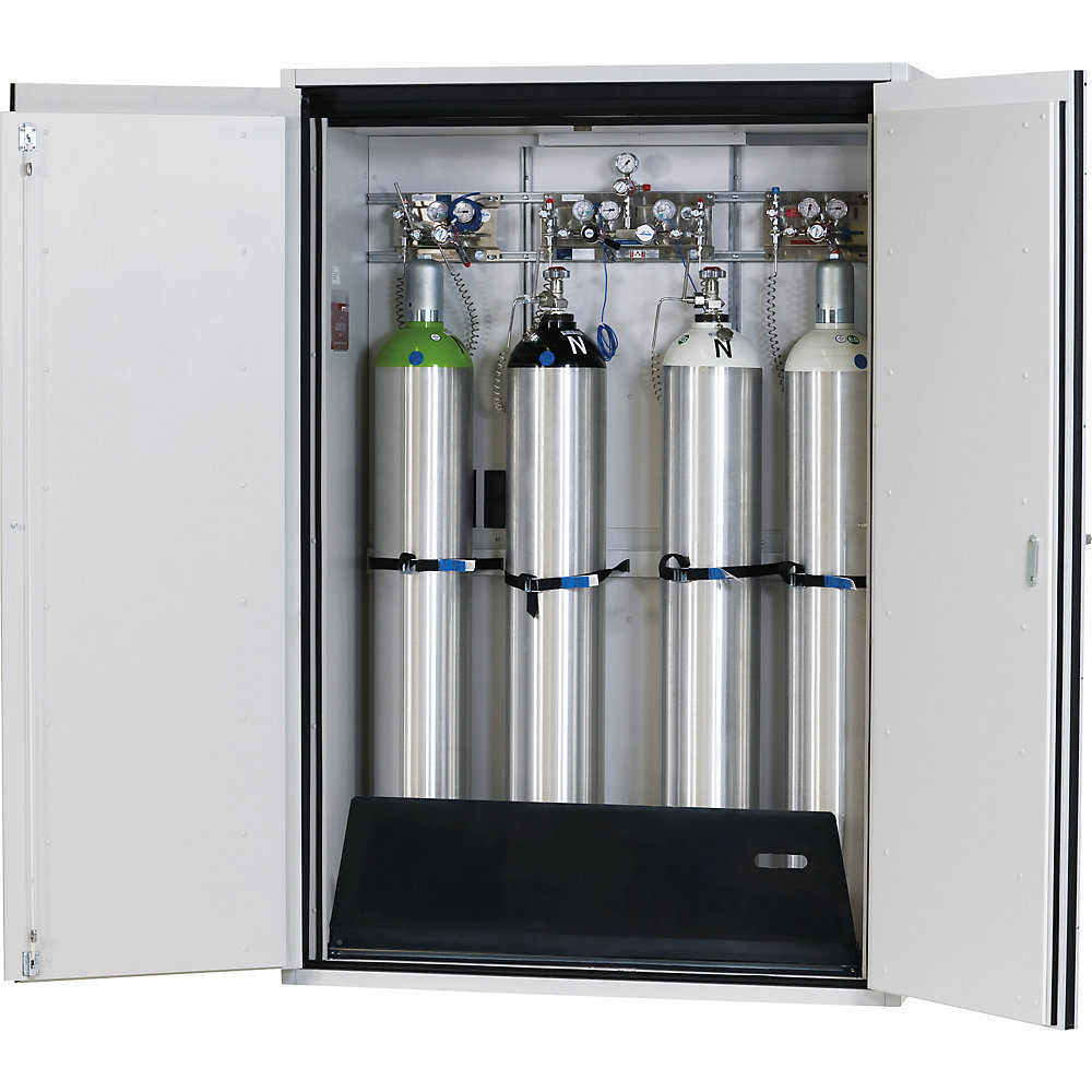 asecos G90 fire-resistant pressurised gas cylinder cupboard, for 4 x 50 l bottles, width 1400 mm, light grey