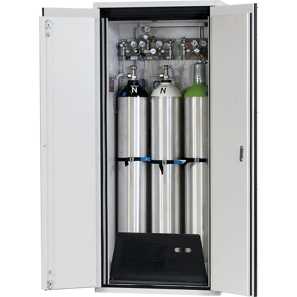 asecos G90 fire-resistant pressurised gas cylinder cupboard, for 3 x 50 l bottles, width 900 mm, light grey
