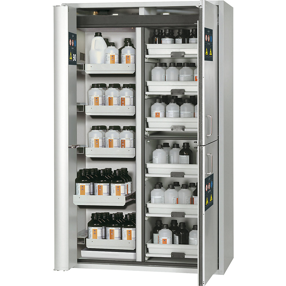 asecos Type 90 safety combination cupboard, 2 doors, 6 drawers, 6 trays, for flammable and corrosive media