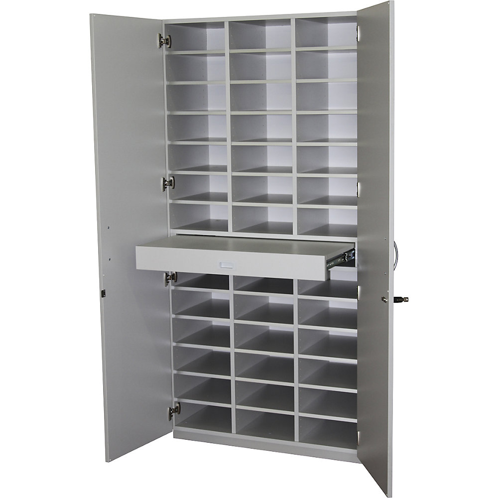 EUROKRAFTpro Sorting cupboard with hinged doors and sorting table, HxWxD 1864 x 913 x 440 mm, 39 compartments, light grey RAL 7035