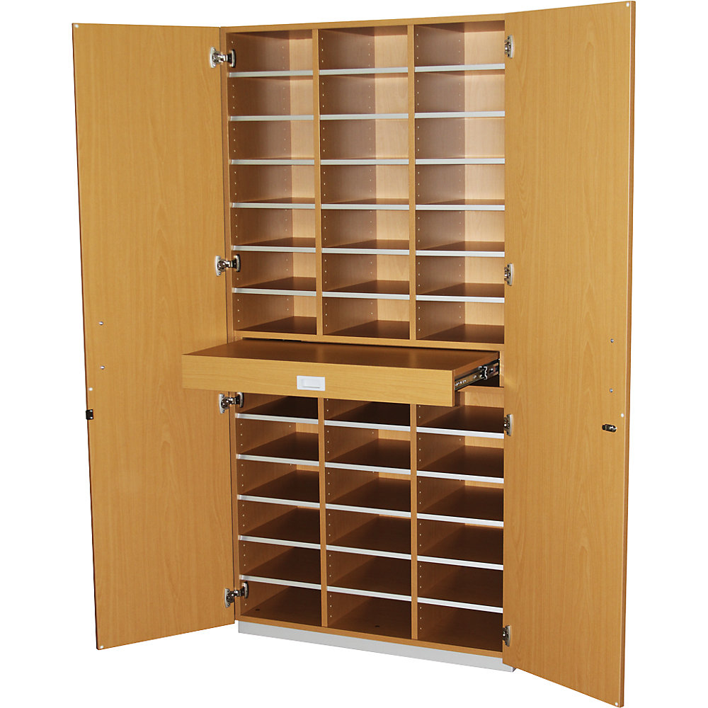 EUROKRAFTpro Sorting cupboard with hinged doors and sorting table, HxWxD 1864 x 913 x 440 mm, 39 compartments, beech finish