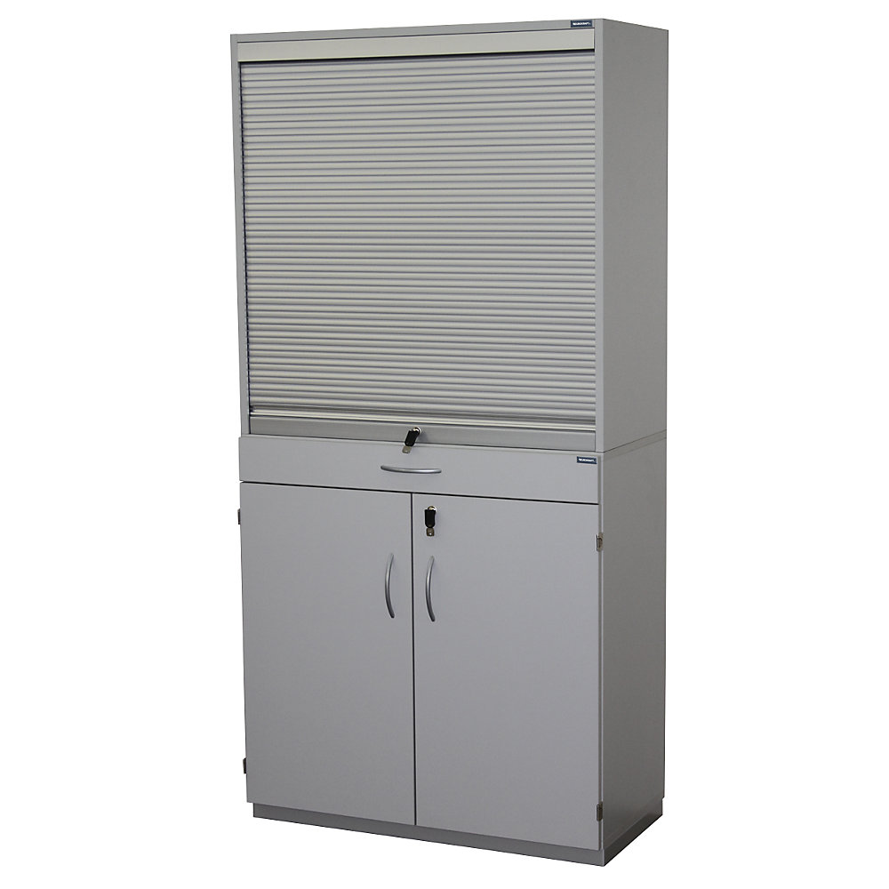 EUROKRAFTpro Sorting cupboard with roller shutter and add-on drawer unit, HxWxD 1864 x 913 x 440 mm, 18 compartments, light grey RAL 7035
