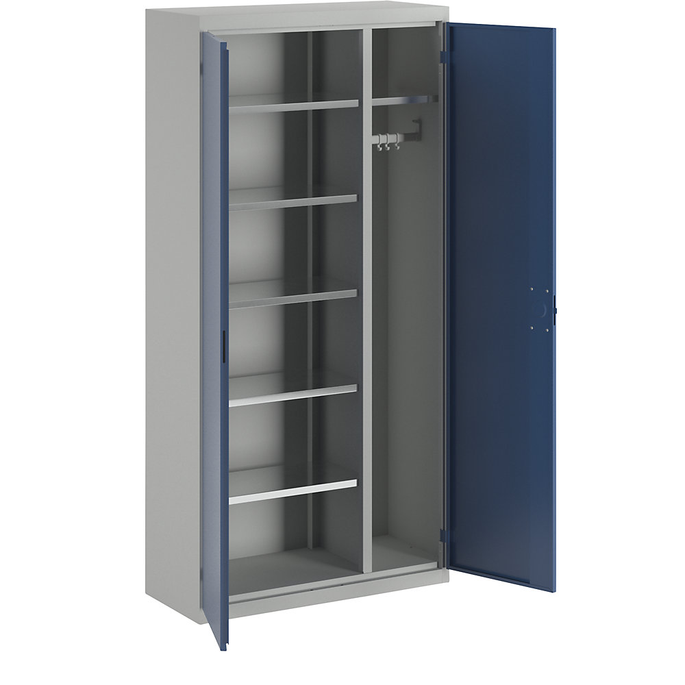 Putzmittelschrank, 6 Fachböden, 1 Kleiderstange, Tiefe 400 mm, lichtgrau / enzianblau eurokraft pro