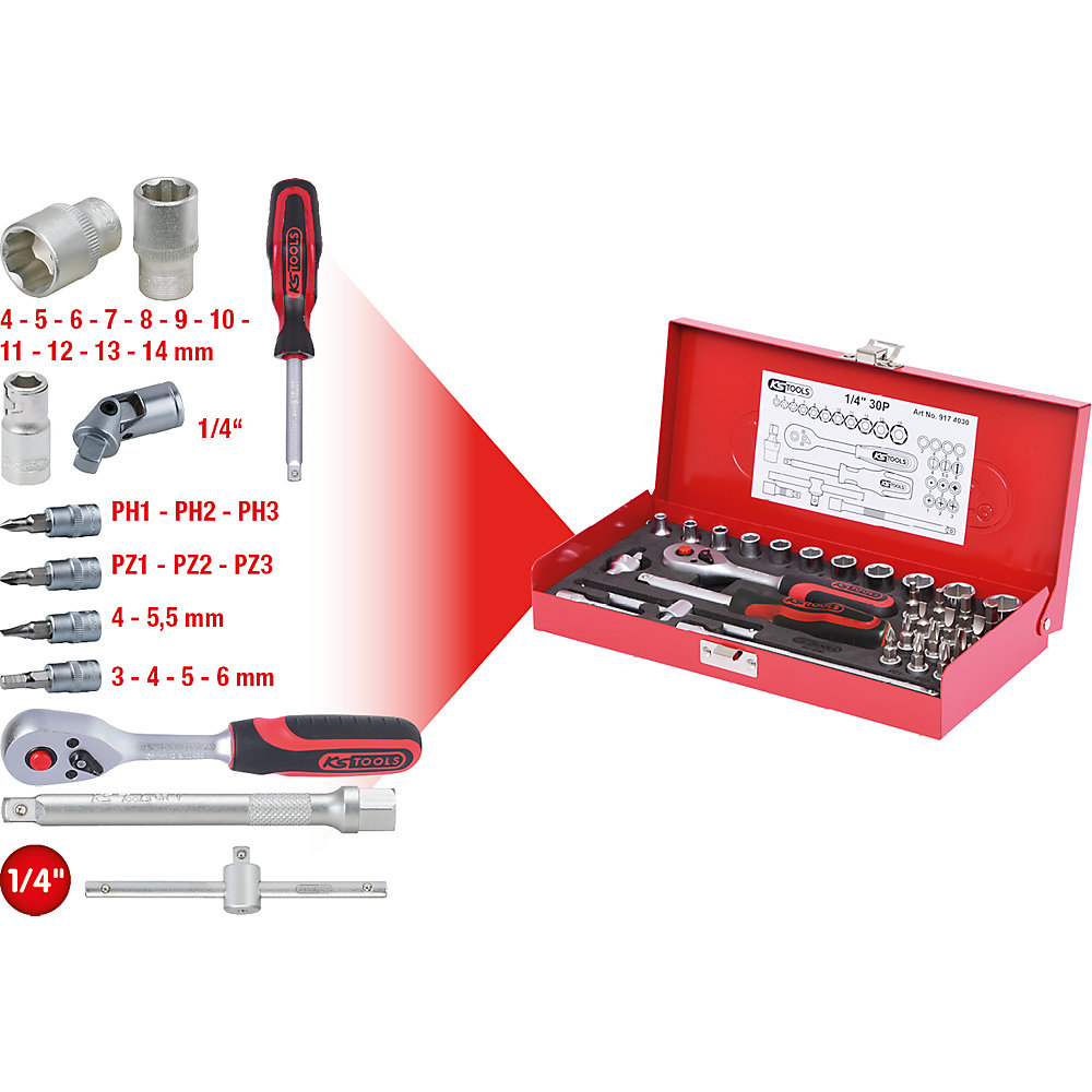 KS Tools Jeu de clés à douille 1/4'', 30 éléments, FlankTraction