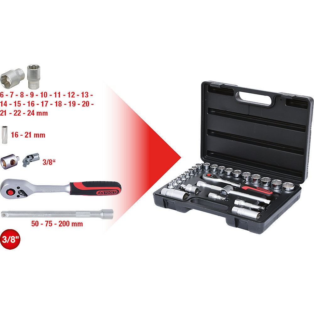 KS Tools Jeu de clés à douilles 3/8'', 26 éléments, FlankTraction