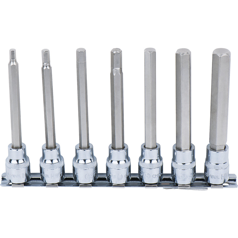 KS Tools Set di bussole per viti CHROMEplus da 3/8'', esagono incassato, lunghe, 7 pezzi, 4 - 12 mm