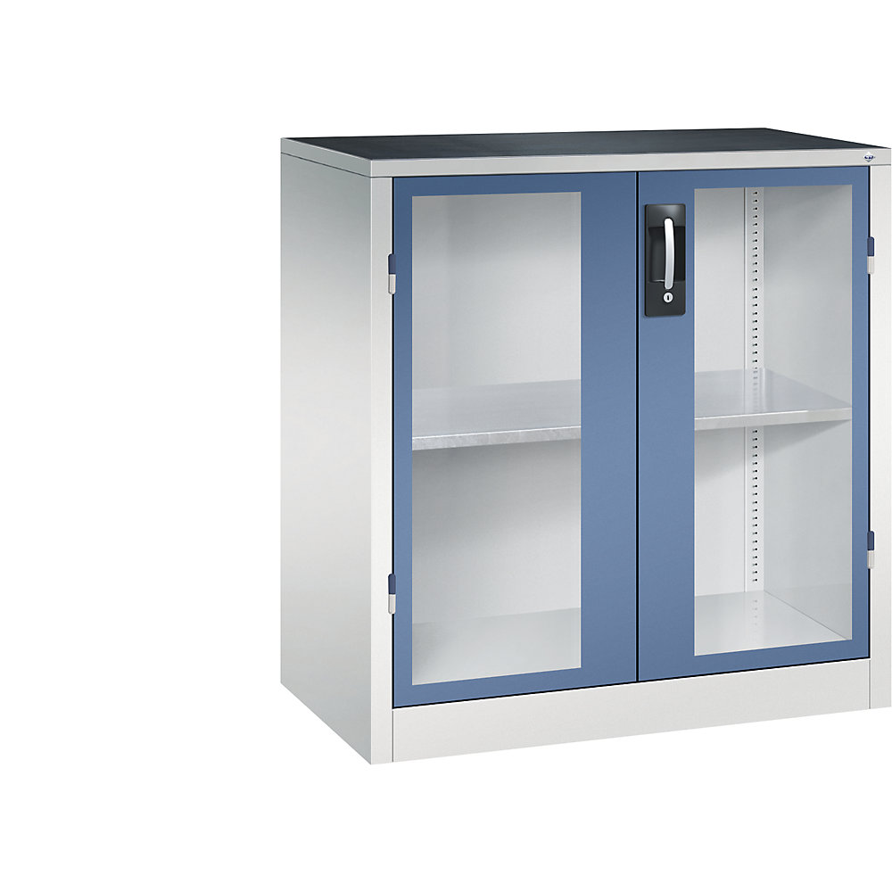 Sichtfenster-Flügeltürschrank, HxBxT 1000 x 930 x 500 mm, 1 Fachboden, lichtgrau / fernblau C+P 2