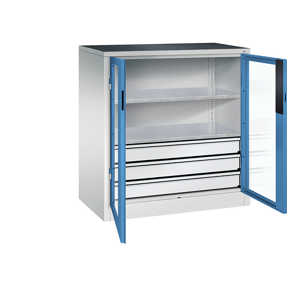 C+P Armadio con ante a battente con finestrella, alt. x largh. x prof. 1000 x 930 x 500 mm, 2 ripiani, 3 cassetti, grigio chiaro / blu chiaro