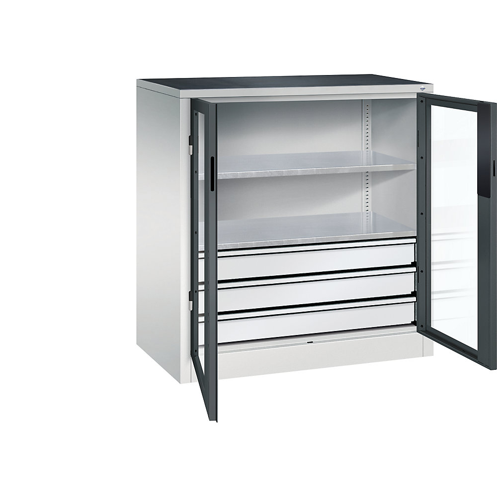 C+P Armadio con ante a battente con finestrella, alt. x largh. x prof. 1000 x 930 x 500 mm, 2 ripiani, 3 cassetti, grigio chiaro / grigio antracite