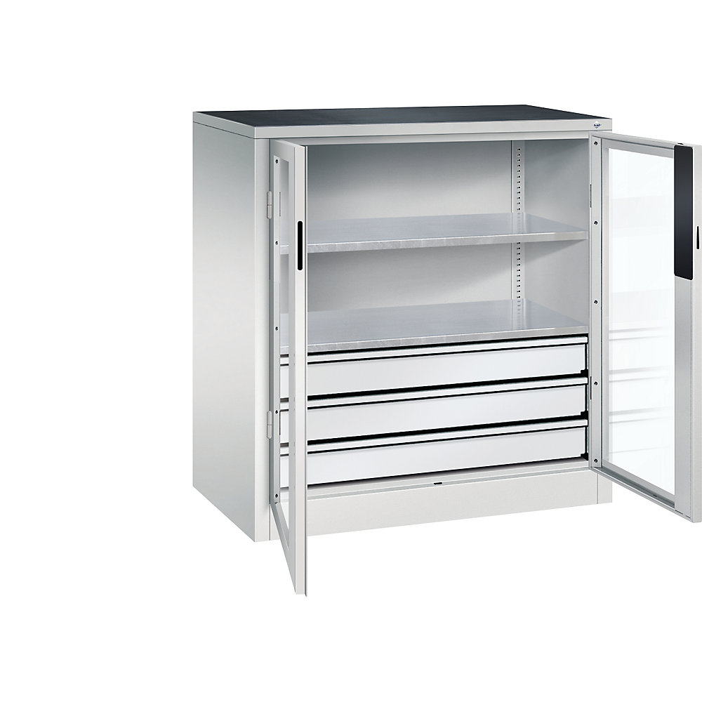 C+P Armadio con ante a battente con finestrella, alt. x largh. x prof. 1000 x 930 x 500 mm, 2 ripiani, 3 cassetti, grigio chiaro / grigio chiaro