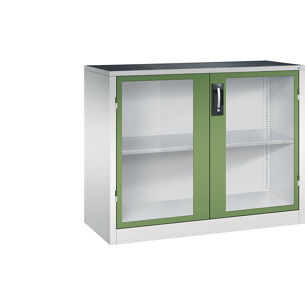 Sichtfenster-Flügeltürschrank, HxBxT 1000 x 1200 x 500 mm, 1 Fachboden, lichtgrau / resedagrün C+P 2