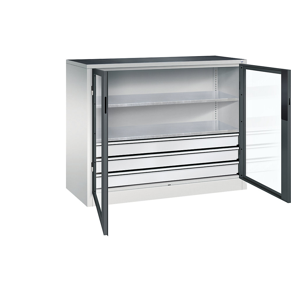 C+P Armadio con ante a battente con finestrella, alt. x largh. x prof. 1000 x 1200 x 500 mm, 2 ripiani, 3 cassetti, grigio chiaro / grigio antracite