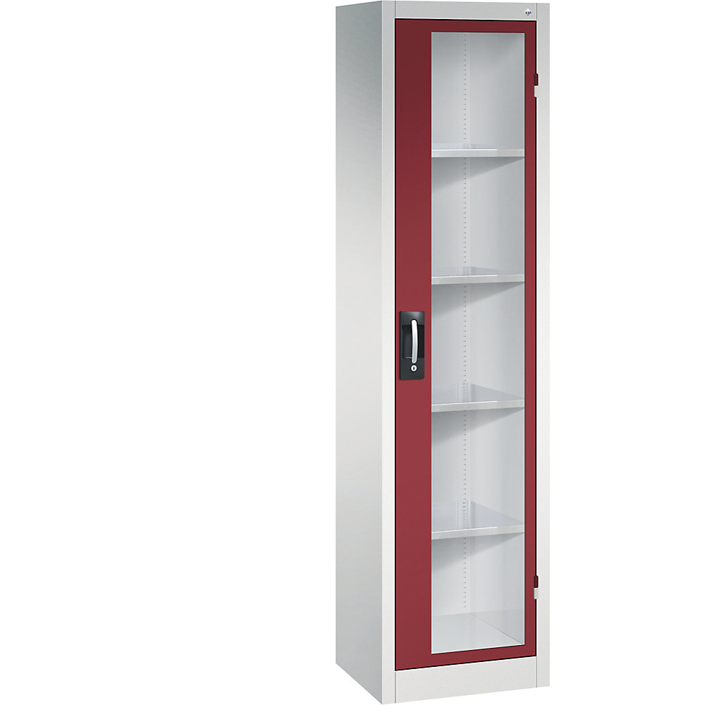 Sichtfenster-Flügeltürschrank, HxBxT 1950 x 502 x 400 mm, 4 Fachböden, lichtgrau / rubinrot C+P 2