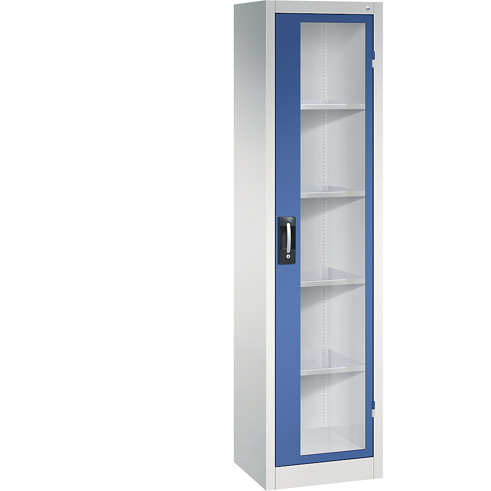 Sichtfenster-Flügeltürschrank, HxBxT 1950 x 502 x 400 mm, 4 Fachböden, lichtgrau / enzianblau C+P 2