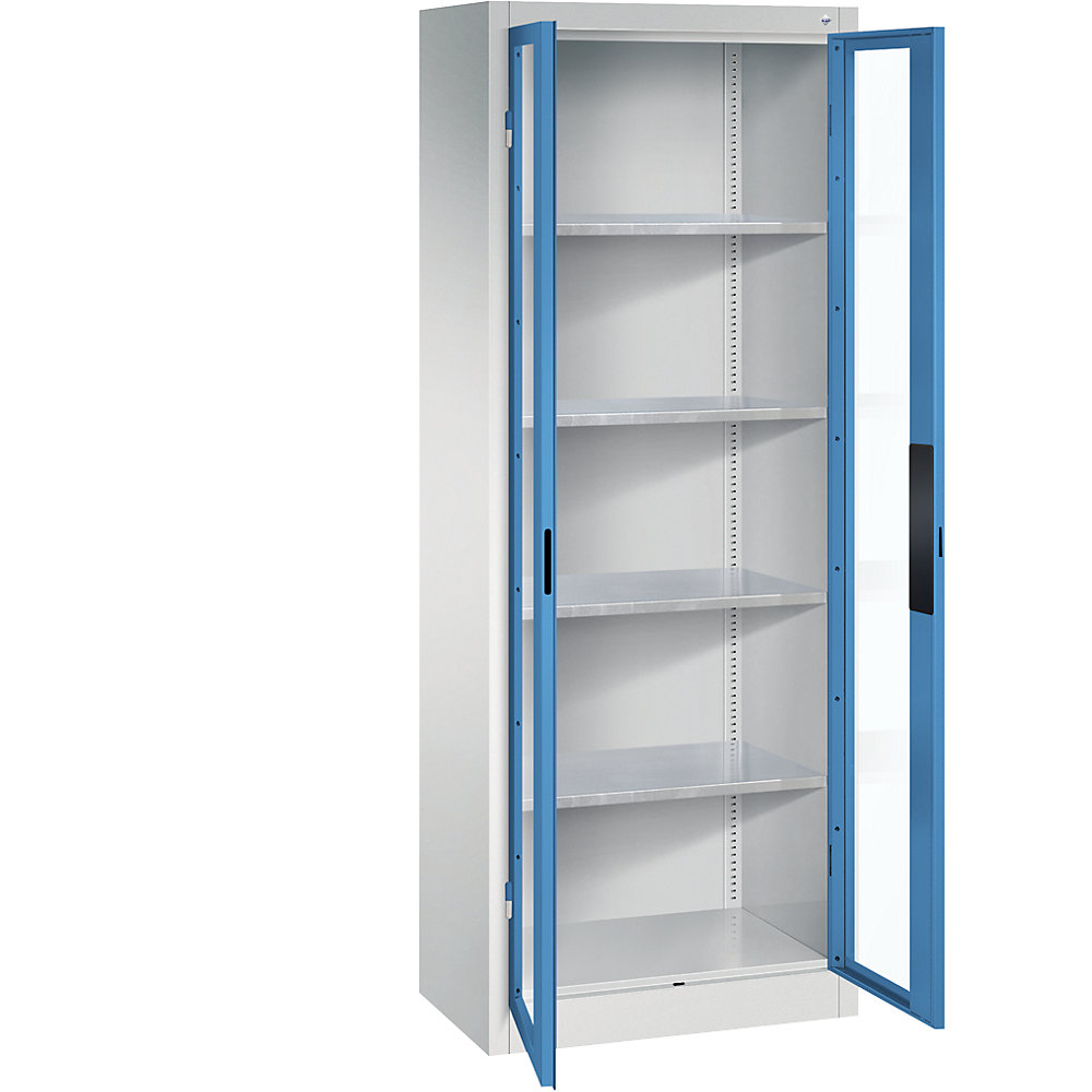 C+P Armadio con ante a battente con finestrella, alt. x largh. x prof. 1950 x 700 x 400 mm, 4 ripiani, grigio chiaro / blu chiaro