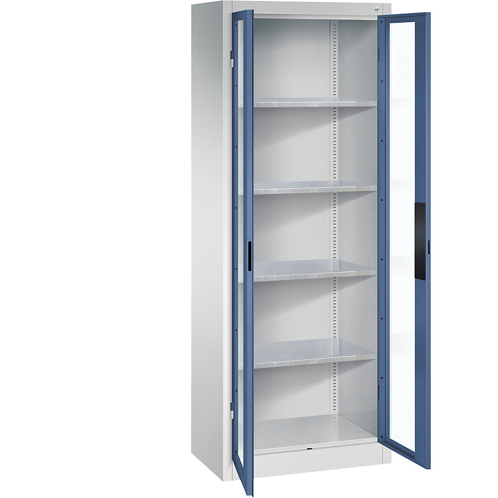 C+P Armadio con ante a battente con finestrella, alt. x largh. x prof. 1950 x 700 x 400 mm, 4 ripiani, grigio chiaro / indaco