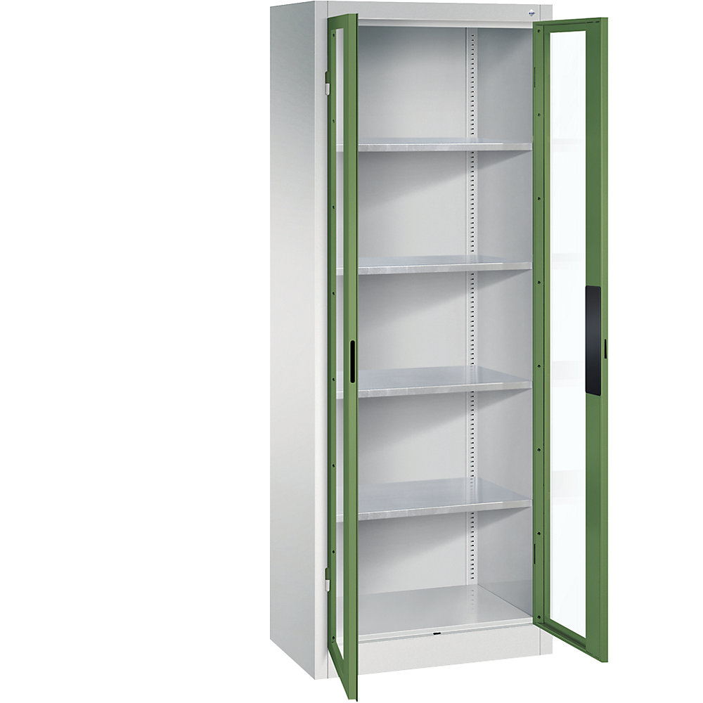 C+P Armadio con ante a battente con finestrella, alt. x largh. x prof. 1950 x 700 x 400 mm, 4 ripiani, grigio chiaro / verde reseda