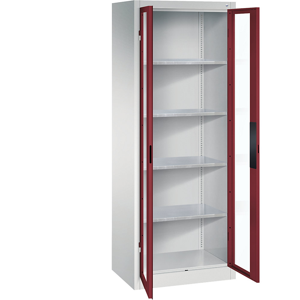 C+P Armadio con ante a battente con finestrella, alt. x largh. x prof. 1950 x 700 x 500 mm, 4 ripiani, grigio chiaro / rosso rubino