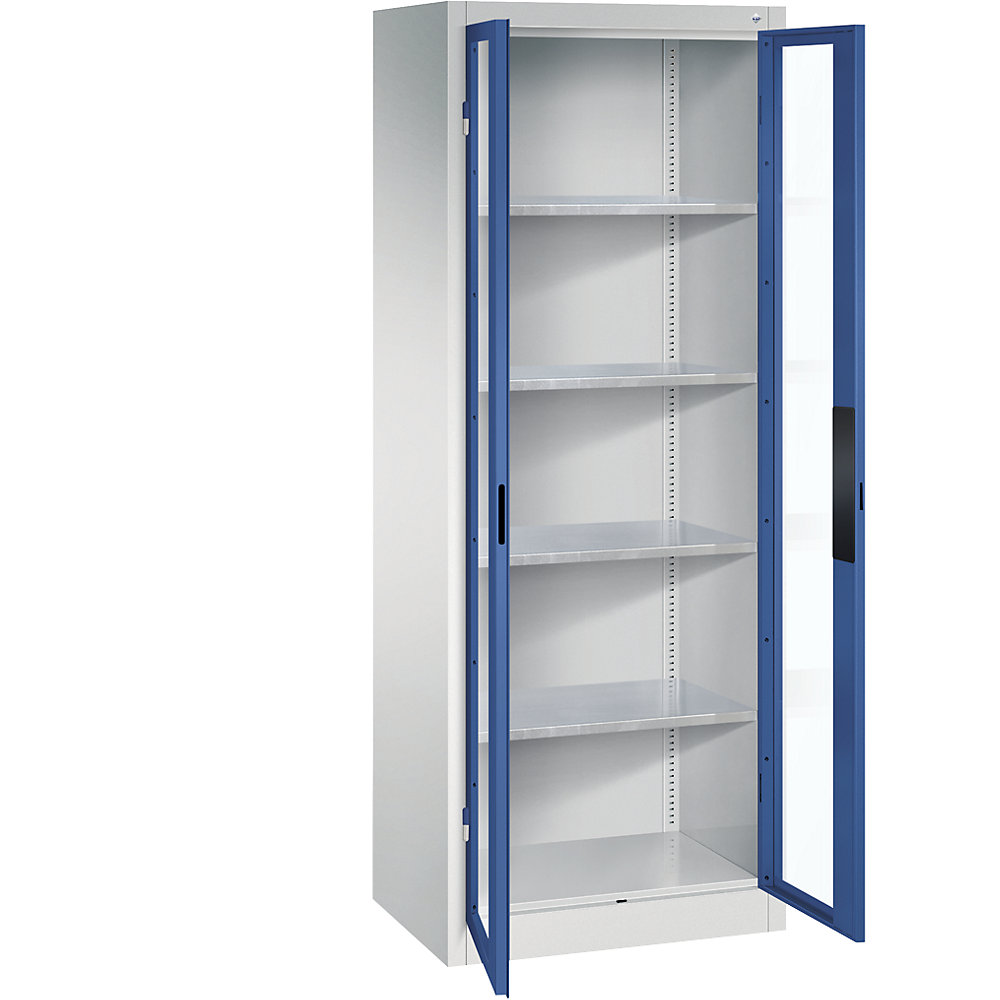 C+P Armadio con ante a battente con finestrella, alt. x largh. x prof. 1950 x 700 x 500 mm, 4 ripiani, grigio chiaro / blu genziana