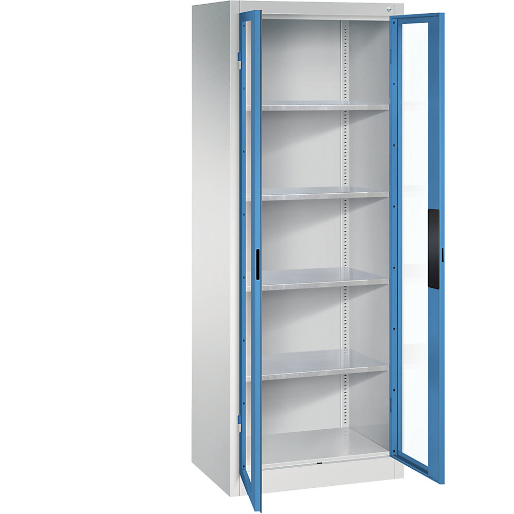 C+P Armadio con ante a battente con finestrella, alt. x largh. x prof. 1950 x 700 x 500 mm, 4 ripiani, grigio chiaro / blu chiaro