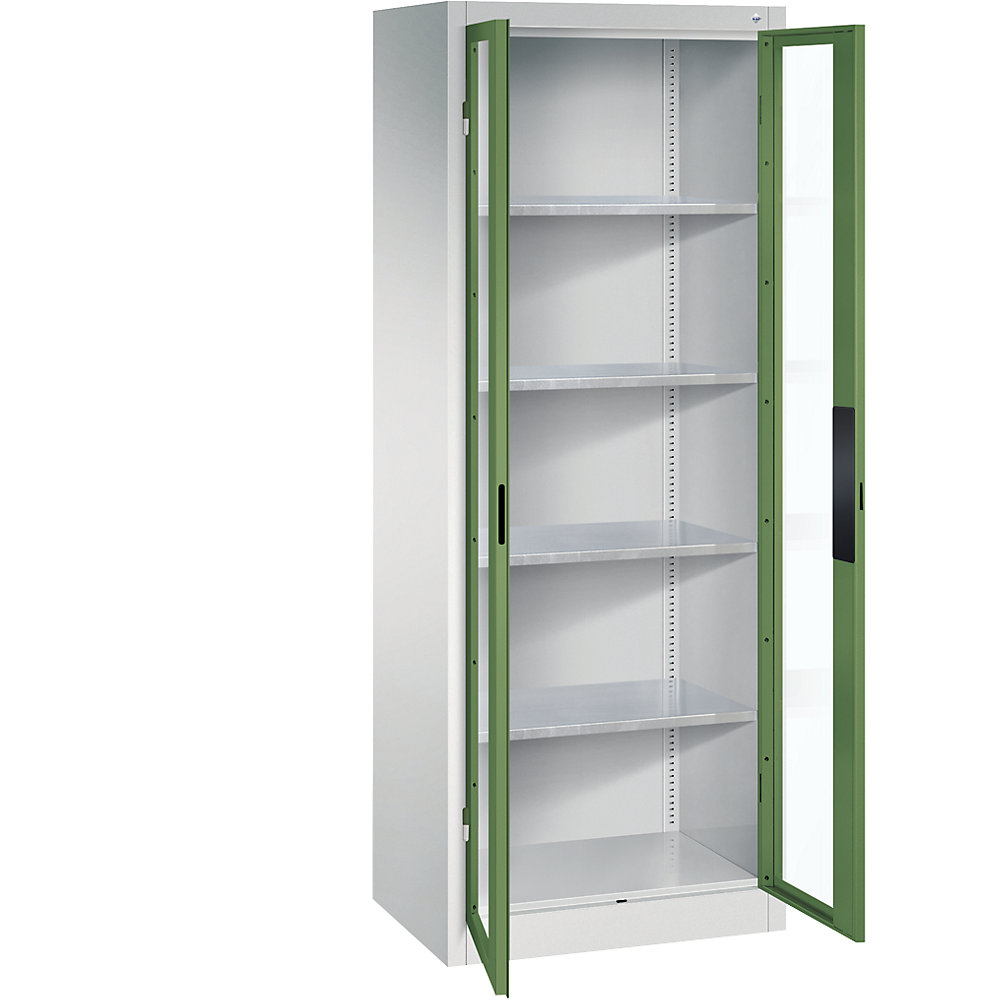 C+P Armadio con ante a battente con finestrella, alt. x largh. x prof. 1950 x 700 x 500 mm, 4 ripiani, grigio chiaro / verde reseda
