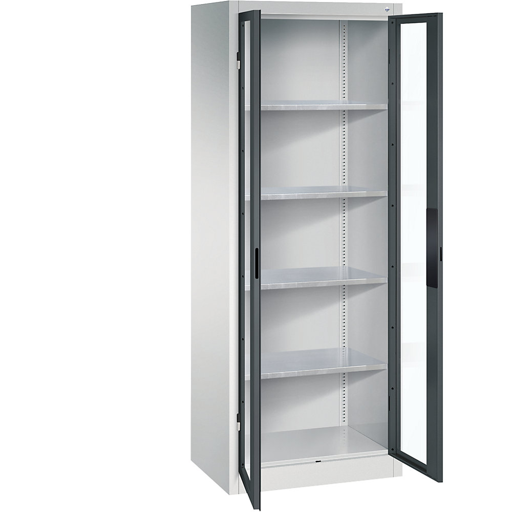 C+P Armadio con ante a battente con finestrella, alt. x largh. x prof. 1950 x 700 x 500 mm, 4 ripiani, grigio chiaro / grigio antracite