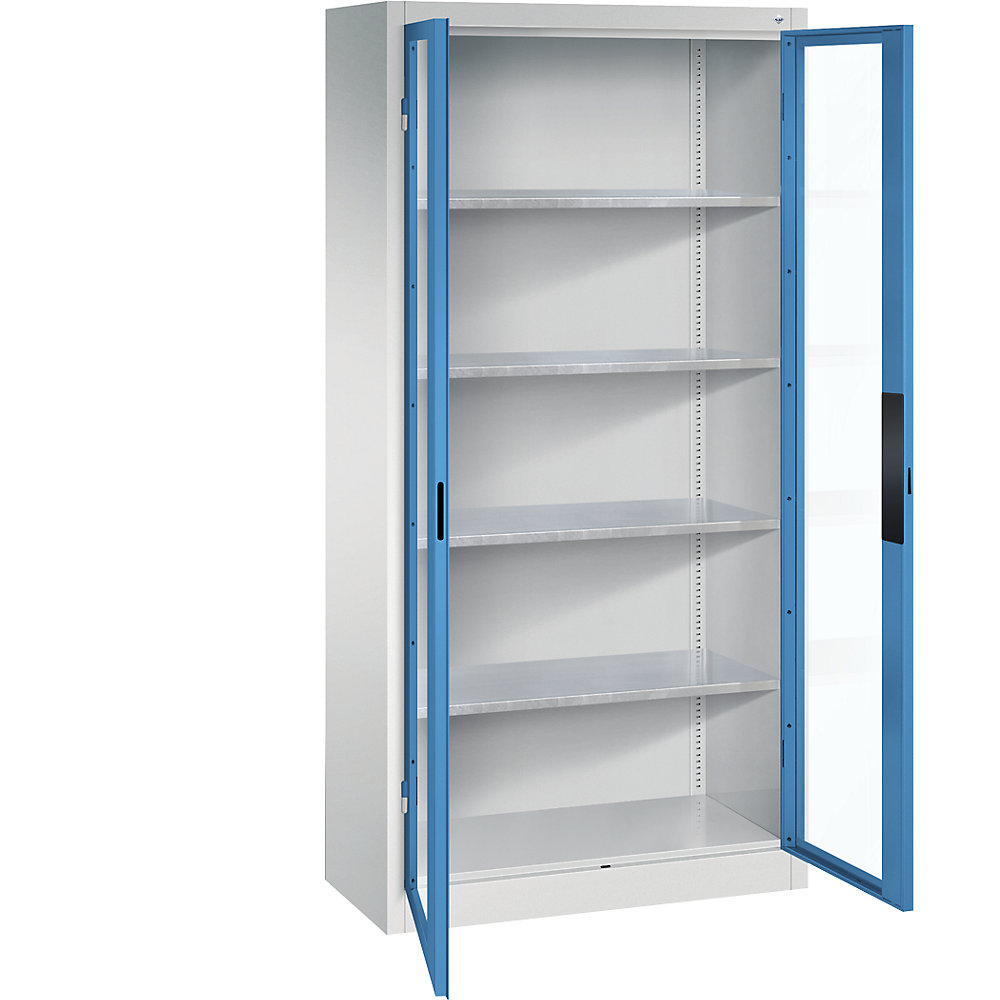 C+P Armadio con ante a battente con finestrella, alt. x largh. x prof. 1950 x 930 x 400 mm, 4 ripiani, grigio chiaro / blu chiaro