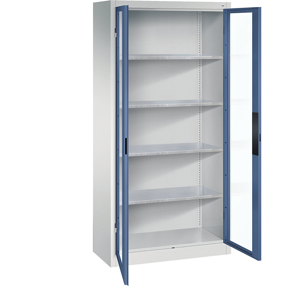 C+P Armadio con ante a battente con finestrella, alt. x largh. x prof. 1950 x 930 x 400 mm, 4 ripiani, grigio chiaro / indaco