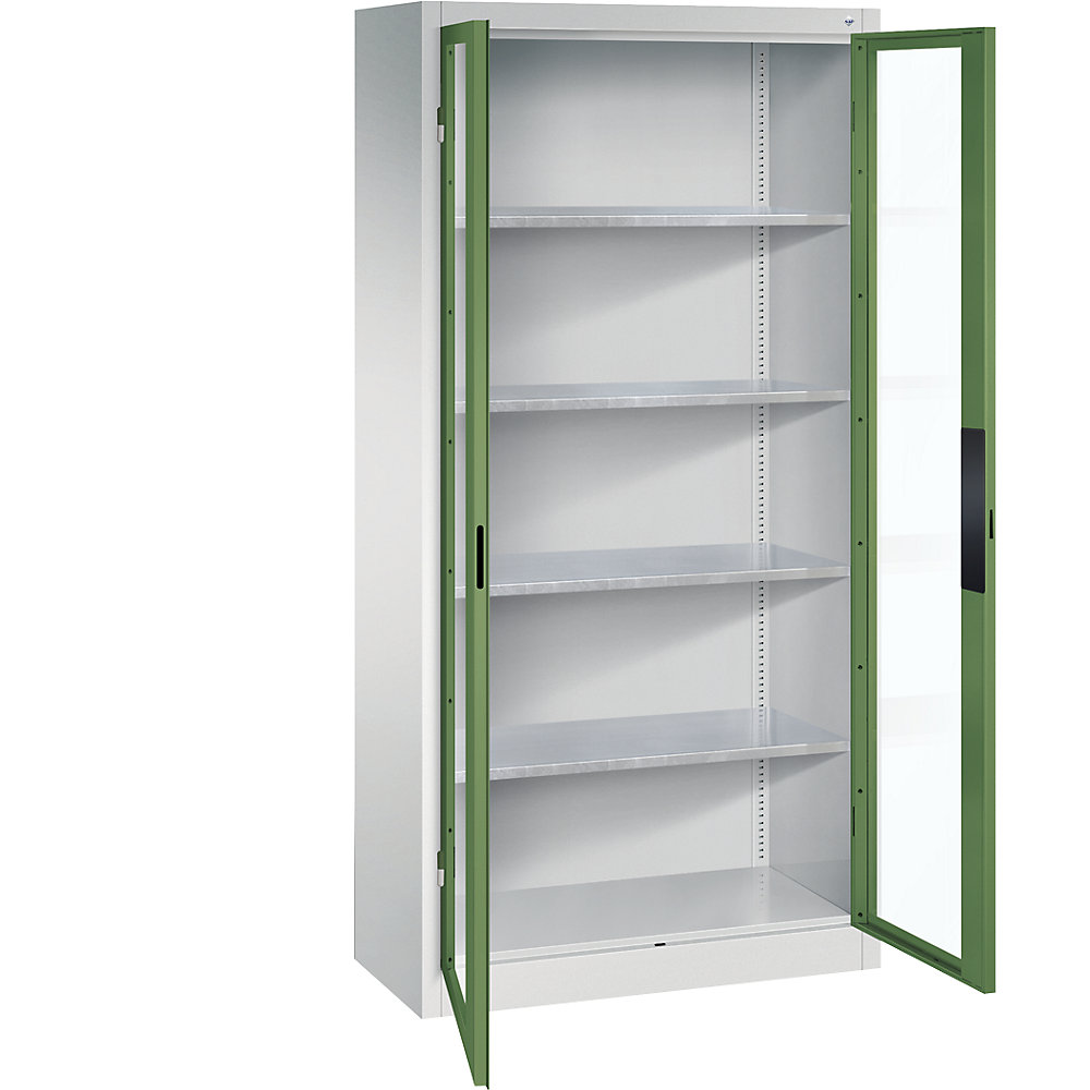 C+P Armadio con ante a battente con finestrella, alt. x largh. x prof. 1950 x 930 x 400 mm, 4 ripiani, grigio chiaro / verde reseda