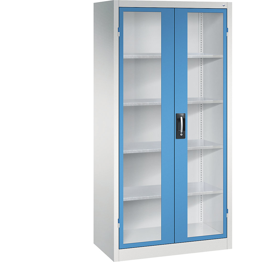 Sichtfenster-Flügeltürschrank, HxBxT 1950 x 930 x 500 mm, 4 Fachböden, lichtgrau / lichtblau C+P 2