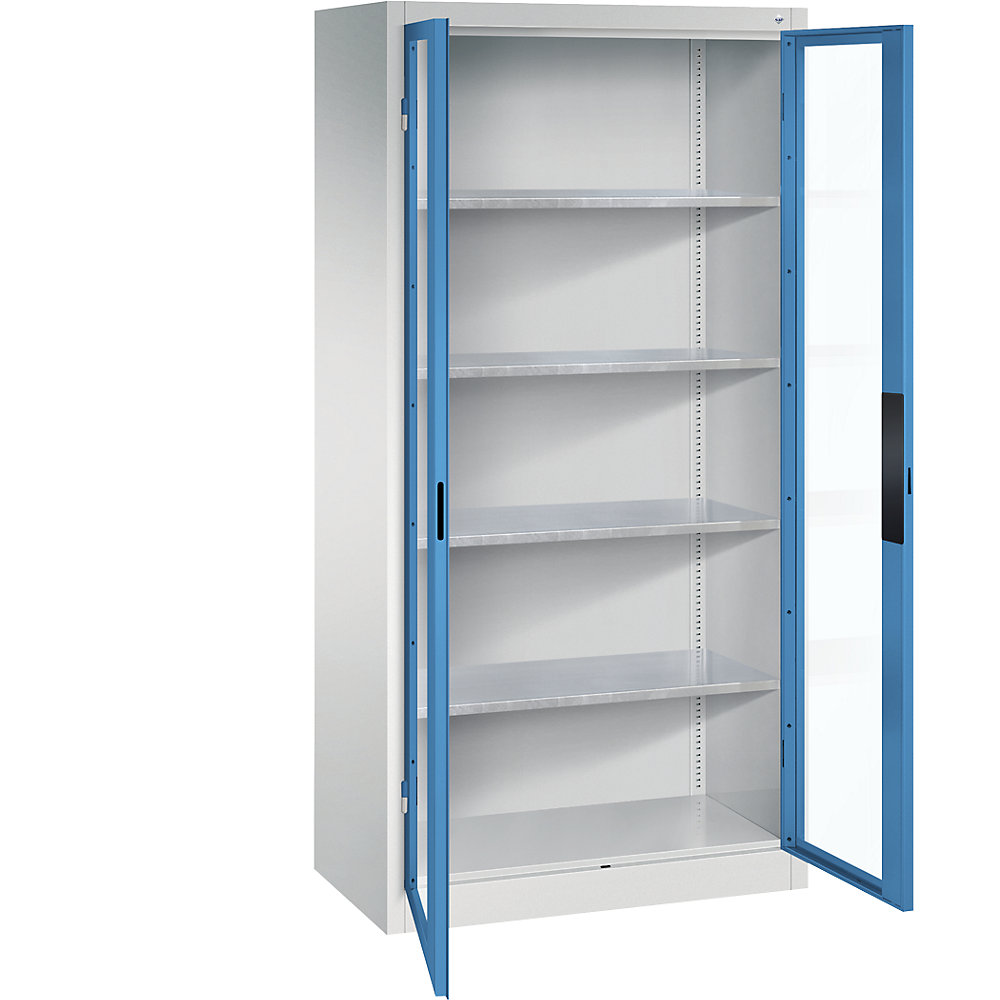 C+P Armadio con ante a battente con finestrella, alt. x largh. x prof. 1950 x 930 x 500 mm, 4 ripiani, grigio chiaro / blu chiaro