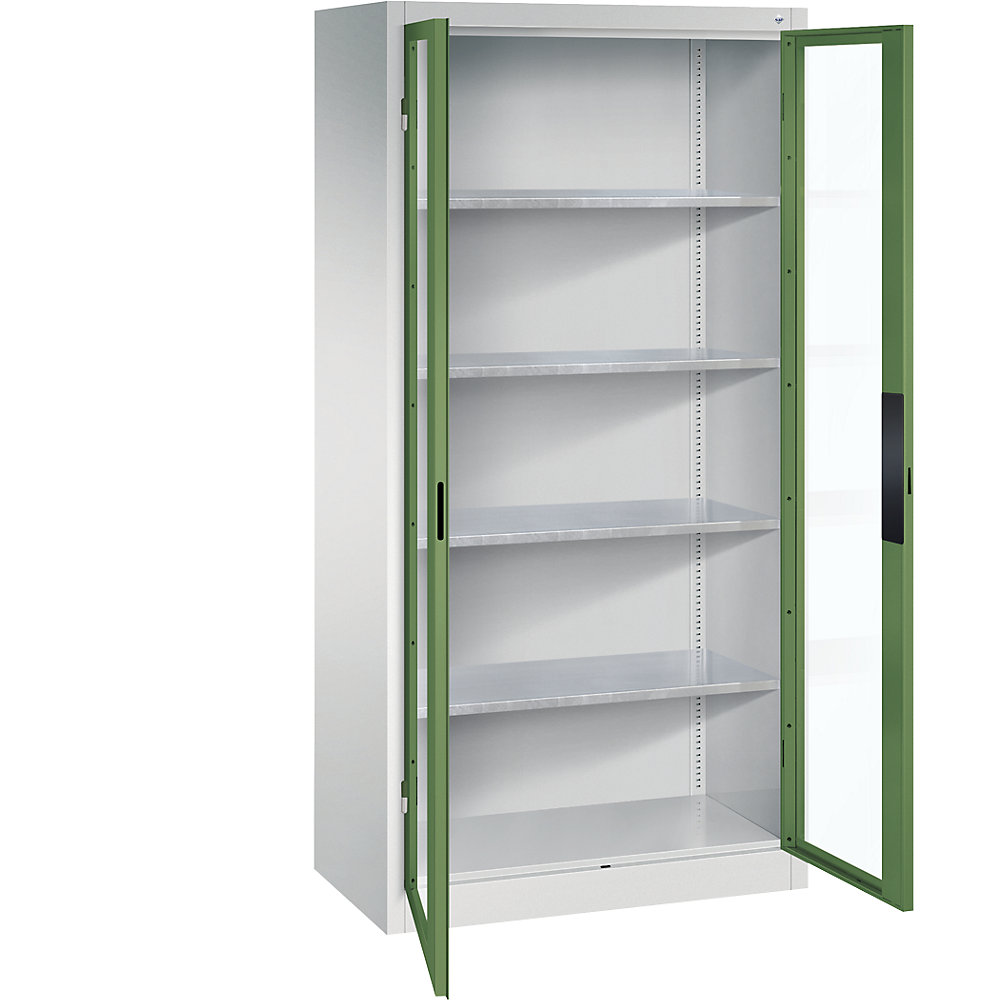 C+P Armadio con ante a battente con finestrella, alt. x largh. x prof. 1950 x 930 x 500 mm, 4 ripiani, grigio chiaro / verde reseda