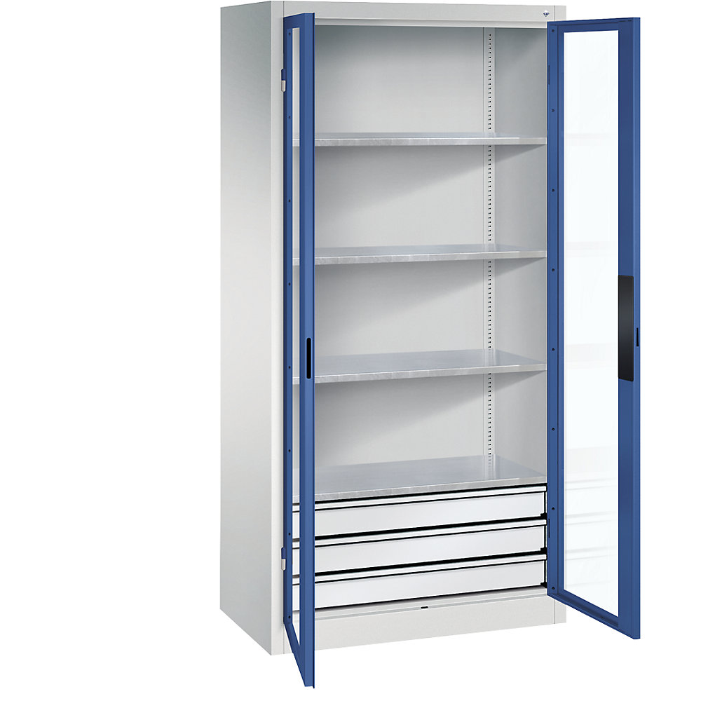 C+P Armadio con ante a battente con finestrella, alt. x largh. x prof. 1950 x 930 x 500 mm, 4 ripiani, 3 cassetti, grigio chiaro / blu genziana