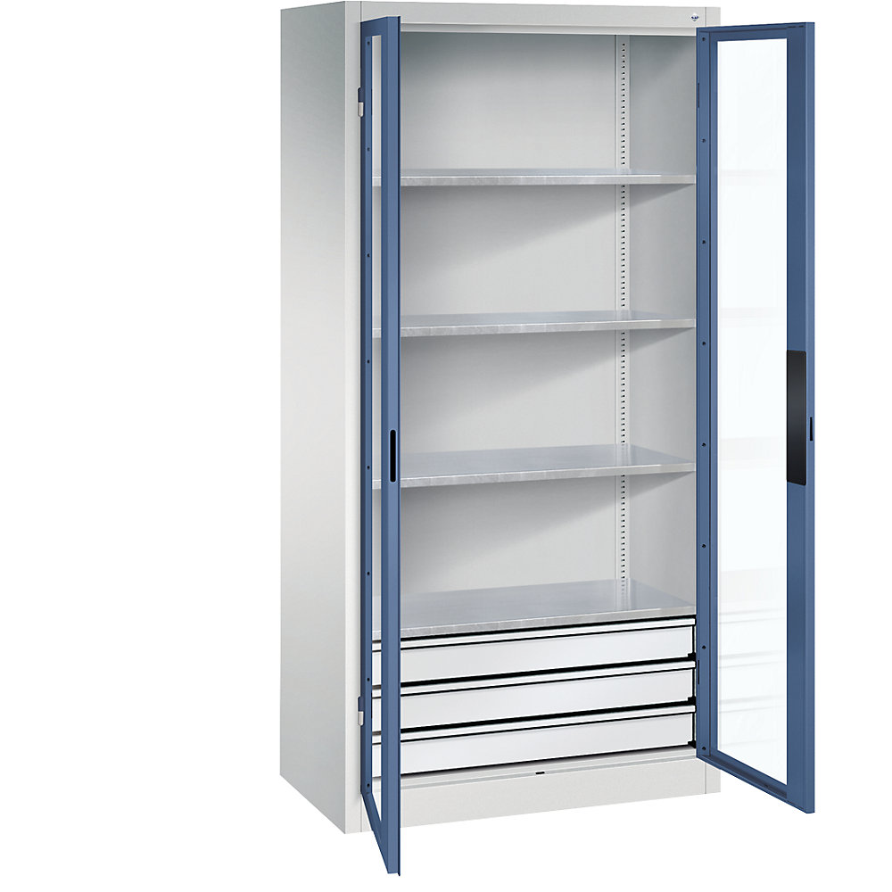C+P Armadio con ante a battente con finestrella, alt. x largh. x prof. 1950 x 930 x 500 mm, 4 ripiani, 3 cassetti, grigio chiaro / indaco