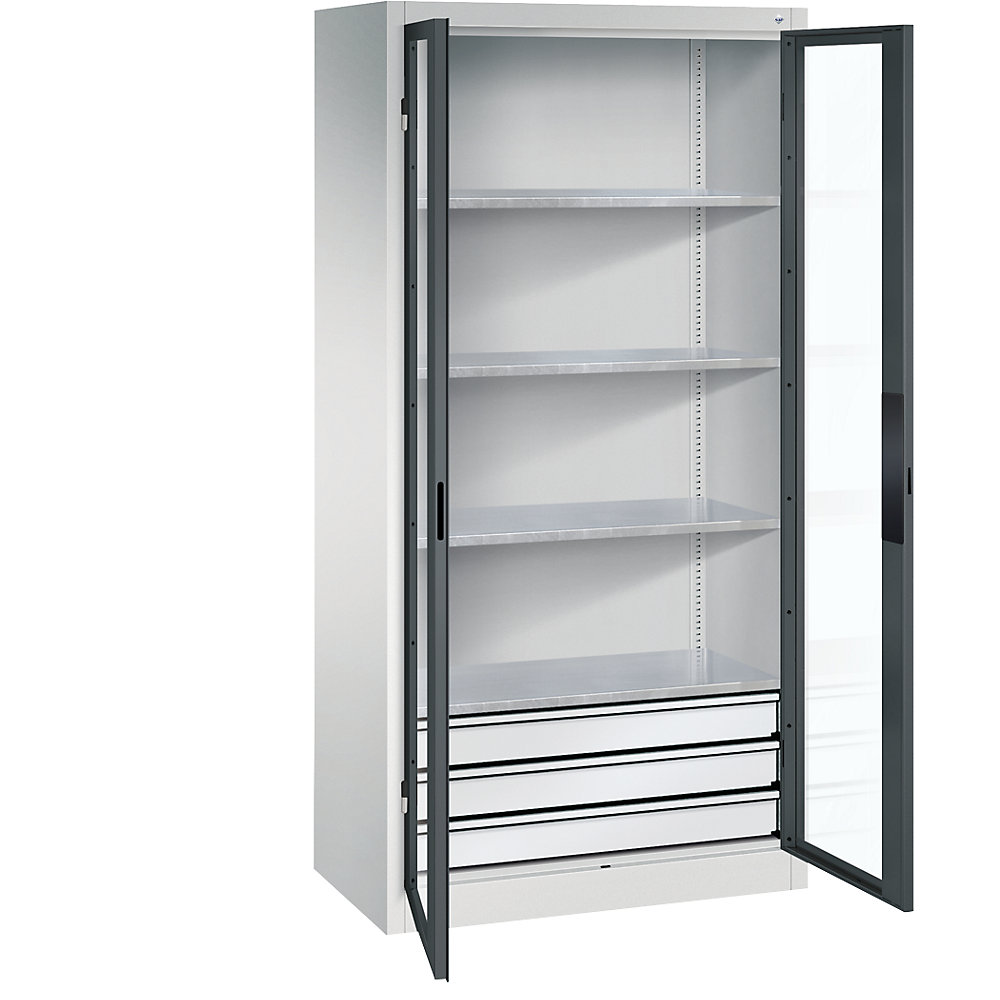 C+P Armadio con ante a battente con finestrella, alt. x largh. x prof. 1950 x 930 x 500 mm, 4 ripiani, 3 cassetti, grigio chiaro / grigio antracite