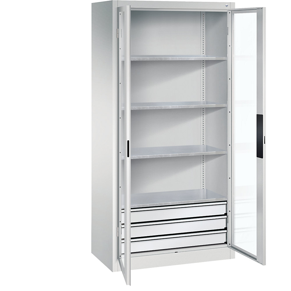 C+P Armadio con ante a battente con finestrella, alt. x largh. x prof. 1950 x 930 x 500 mm, 4 ripiani, 3 cassetti, grigio chiaro / grigio chiaro