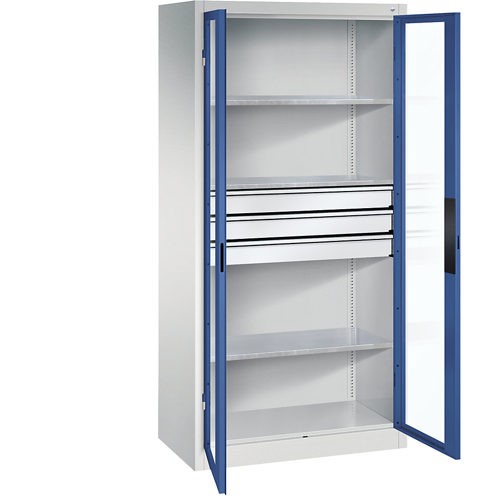 C+P Armadio con ante a battente con finestrella, alt. x largh. x prof. 1950 x 930 x 500 mm, 3 ripiani, 3 cassetti, grigio chiaro / blu genziana