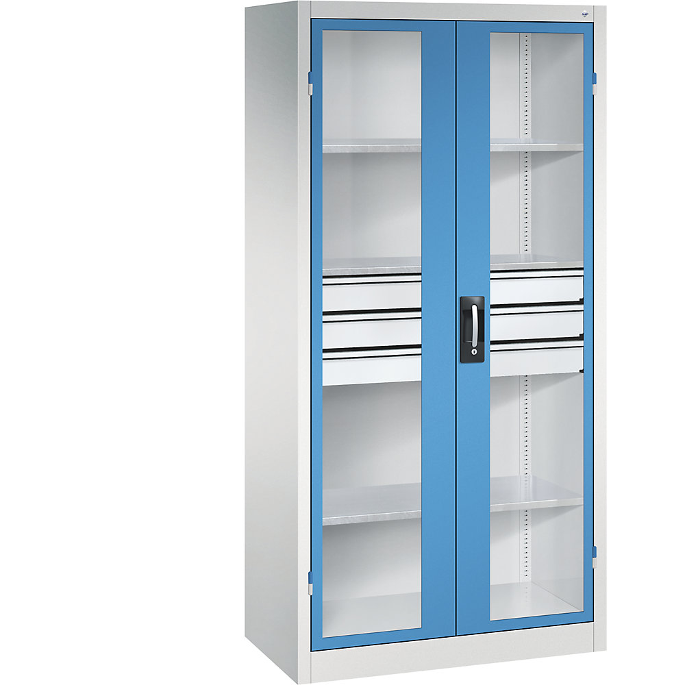 Sichtfenster-Flügeltürschrank, HxBxT 1950 x 930 x 500 mm, 3 Fachböden, 3 Schubladen, lichtgrau / lichtblau C+P 2