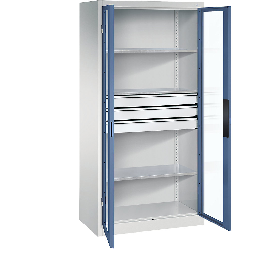C+P Armadio con ante a battente con finestrella, alt. x largh. x prof. 1950 x 930 x 500 mm, 3 ripiani, 3 cassetti, grigio chiaro / indaco