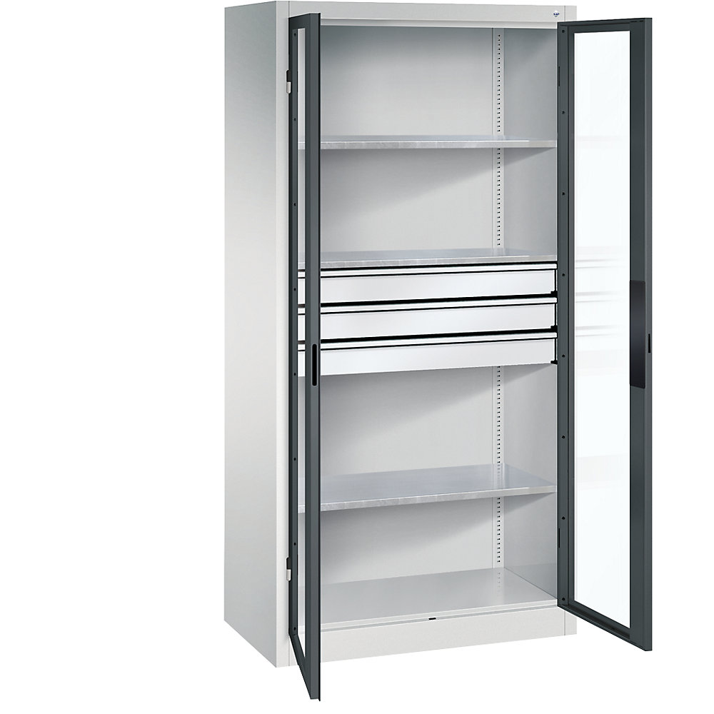 C+P Armadio con ante a battente con finestrella, alt. x largh. x prof. 1950 x 930 x 500 mm, 3 ripiani, 3 cassetti, grigio chiaro / grigio antracite