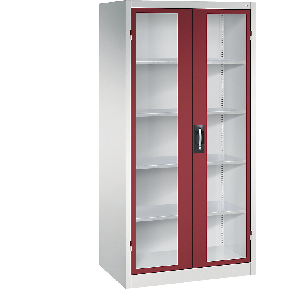Sichtfenster-Flügeltürschrank, HxBxT 1950 x 930 x 600 mm, 4 Fachböden, lichtgrau / fernblau C+P 2