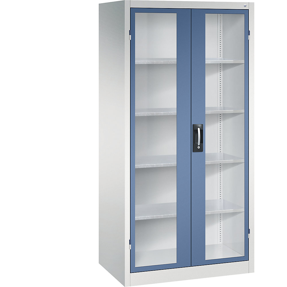Sichtfenster-Flügeltürschrank, HxBxT 1950 x 930 x 600 mm, 4 Fachböden, lichtgrau / fernblau C+P 4