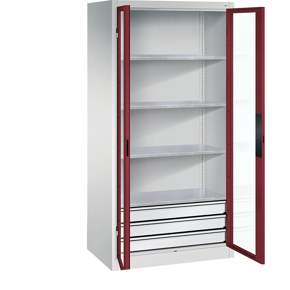 C+P Armadio con ante a battente con finestrella, alt. x largh. x prof. 1950 x 930 x 600 mm, 4 ripiani, 3 cassetti, grigio chiaro / rosso rubino