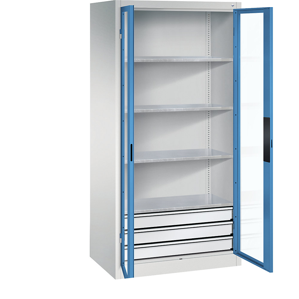 C+P Armadio con ante a battente con finestrella, alt. x largh. x prof. 1950 x 930 x 600 mm, 4 ripiani, 3 cassetti, grigio chiaro / blu chiaro
